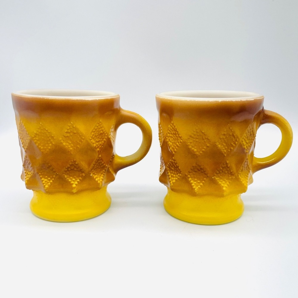 Fire-King Kimberly Coffee Mug Set 2 Vintage Milk Glass Yellow Brown Ombre - Picture 3 of 6